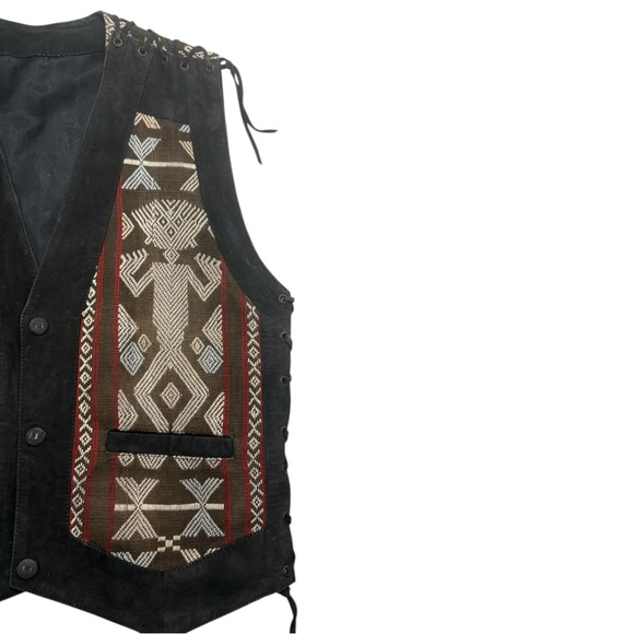 70s Vintage Leather & Southwestern Woven Festival Vest Lace-Up Sides - Picture 3 of 14